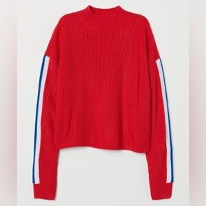 H&M Divided Bright Red Crop Turtleneck Sweater with Blue/White Sleeves - Size XS